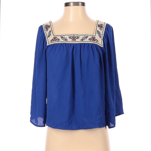 Flying Tomato 3/4 Length Sleeve Navy Blue Embroidered Boho Chic Blouse Sz L - Picture 1 of 10